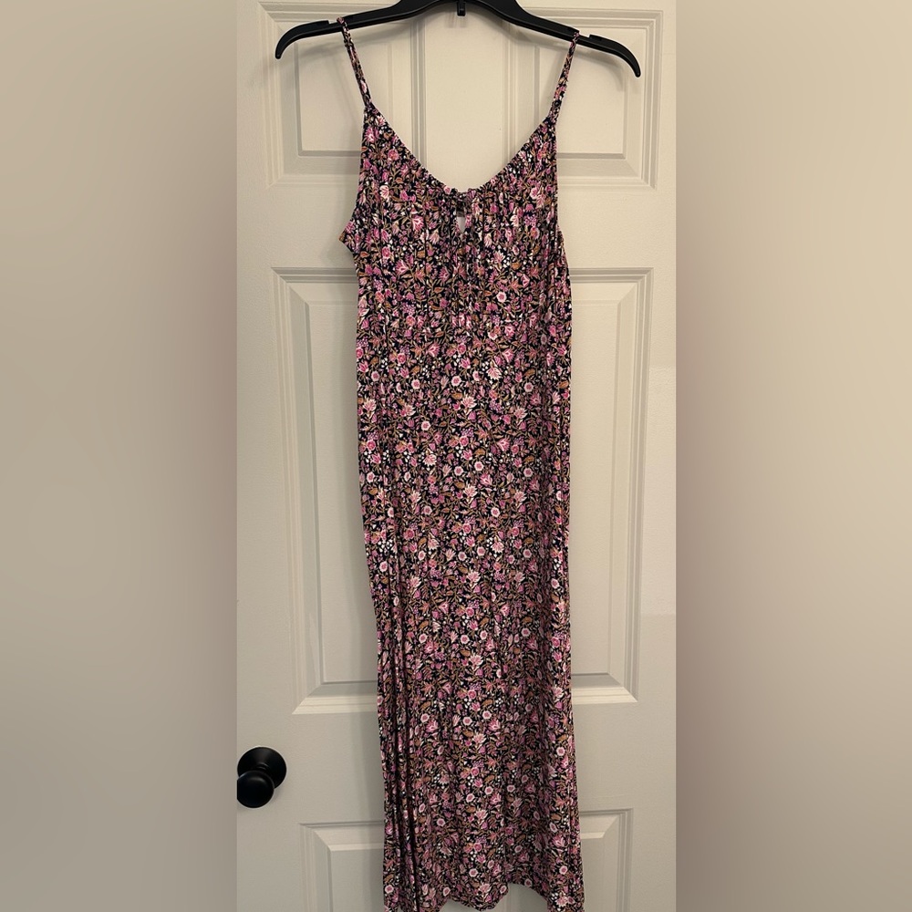 Black and pink floral midi cami slip dress from Old Navy with tie hole in front.